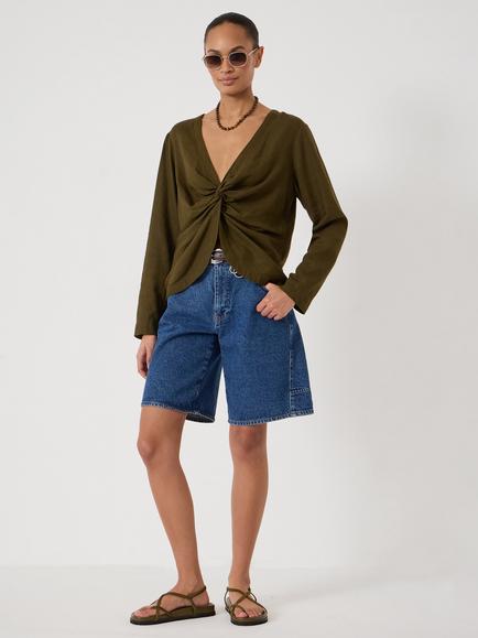HUSH Bronte Twist Front Linen Blend Top, Khaki Green - view 2, Khaki Green
