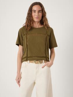 HUSH Elva Cotton Lace Detail T-Shirt, Khaki Green, Khaki Green