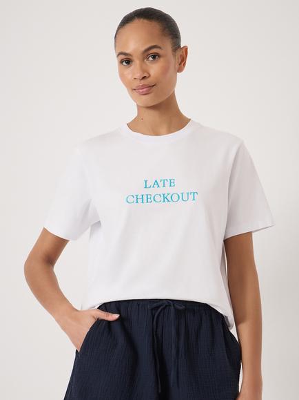 HUSH Late Checkout Embroidered Cotton T-Shirt, Clear White, Clear White