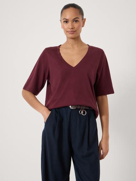 HUSH Reece V-Neck Drape T-Shirt, Wine Red