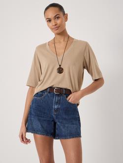 HUSH Reece V-Neck Drapey Cotton Blend T-Shirt, Stone Brown, Stone Brown