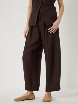 HUSH Dania Linen Blend Barrel Leg Trousers containing LENZING™ ECOVERO™ Viscose, Dark Navy, Dark Brown