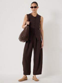 HUSH Dania Linen Blend Barrel Leg Trousers containing LENZING™ ECOVERO™ Viscose, Dark Navy - view 2, Dark Brown