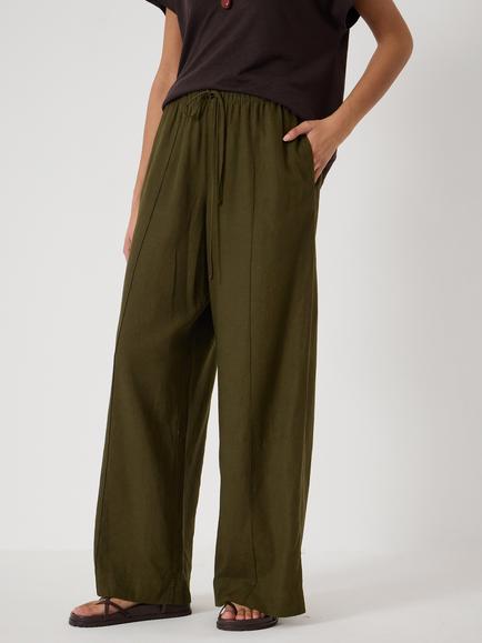 HUSH Linen Blend Petunia Wide Leg Trousers containing LENZING™ ECOVERO™ Viscose, Khaki Green