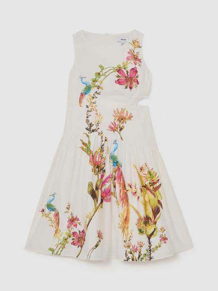 Reiss Kids' Bianca Peacock Floral Print Sleeveless Dress, Ivory/Multi, Ivory/Multi