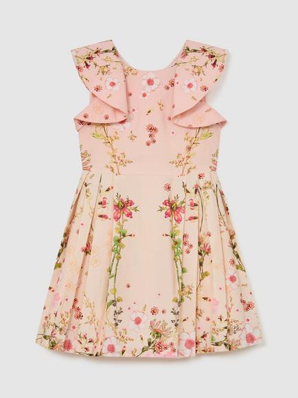 Reiss Kids' Ember Floral Print Frill Sleeve Dress, Pink, Pink