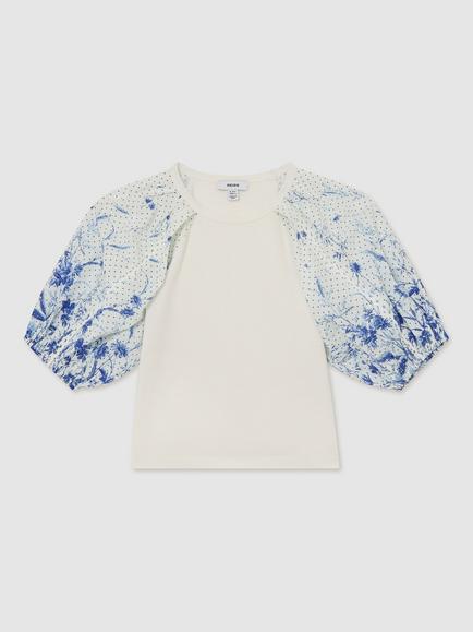 Reiss Kids' Xanthe Puff Sleeve Top, Blue/Multi, Blue/Multi