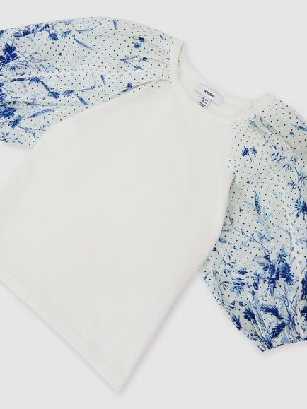 Reiss Kids' Xanthe Puff Sleeve Top, Blue/Multi - view 2, Blue/Multi