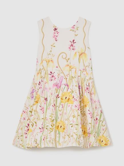 Reiss Kids' Fern Floral Print Bow Detail Dress, Ivory, Ivory