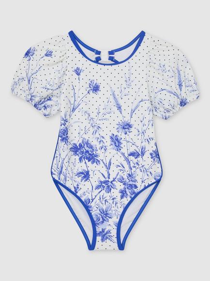 Reiss Kids' Clemmie Floral Print Puff Sleeve Swimsuit, Blue, Blue