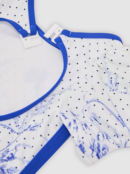 Reiss Kids' Clemmie Floral Print Puff Sleeve Swimsuit, Blue - view 2, Blue