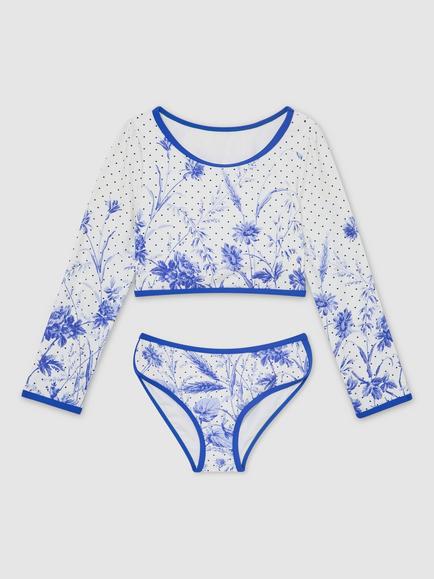 Reiss Kids' Netty Floral Print Long Sleeve Bikini Set, Blue, Blue