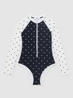 Reiss Kids' Sally Polka Dot Long Sleeve Swimsuit, Navy/Ivory, Navy/Ivory