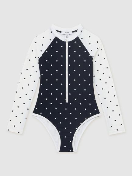 Reiss Kids' Sally Polka Dot Long Sleeve Swimsuit, Navy/Ivory, Navy/Ivory