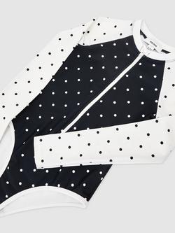 Reiss Kids' Sally Polka Dot Long Sleeve Swimsuit, Navy/Ivory - view 2, Navy/Ivory