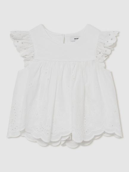 Reiss Kids' Callee Embroidered Cotton Blouse, White, White