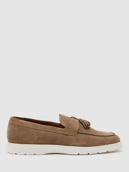 Reiss Jimmy Suede Tassel Loafers, Dark Navy, Dark Taupe Brown
