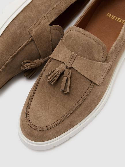 Reiss Jimmy Suede Tassel Loafers, Dark Navy - view 2, Dark Taupe Brown