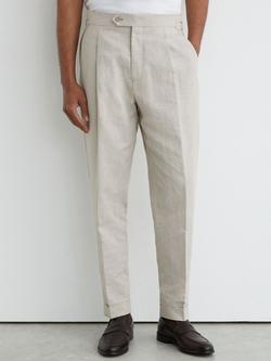 Reiss Finch Check Linen Cotton Blend Tapered Trousers, Oatmeal, Oatmeal