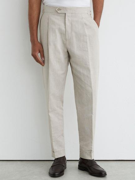 Reiss Finch Check Linen Cotton Blend Tapered Trousers, Oatmeal, Oatmeal