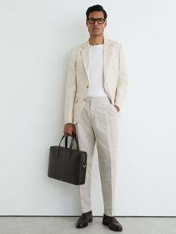 Reiss Finch Check Linen Cotton Blend Tapered Trousers, Oatmeal - view 2, Oatmeal