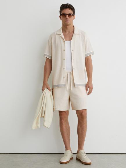 Reiss Aliso Cotton Rich Crochet Tape Cuban Short Sleeve Shirt, Off White, Off White