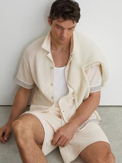 Reiss Aliso Cotton Rich Crochet Tape Cuban Short Sleeve Shirt, Off White - view 2, Off White