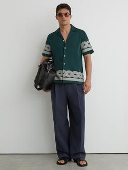 Reiss Arden Short Sleeve Embroidered Cotton Blend Shirt, Sage Green, Sage Green