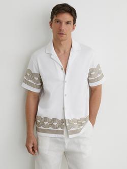 Reiss Arden Short Sleeve Embroidered Cotton Blend Shirt, White, White