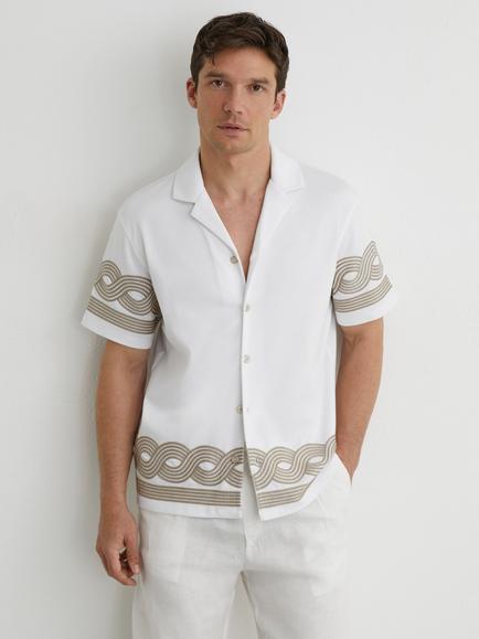 Reiss Arden Short Sleeve Embroidered Cotton Blend Shirt, White, White
