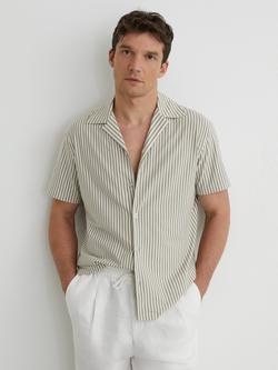 Reiss Aurelia Cotton Blend Stripe Cuban Collar Short Sleeve Shirt, Soft Sage Green