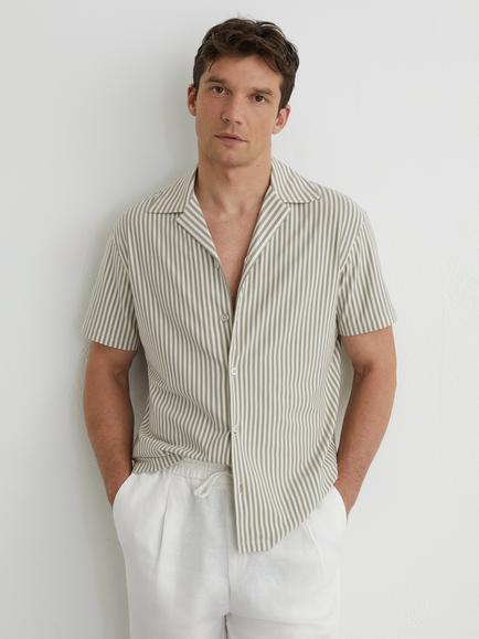 Reiss Aurelia Cotton Blend Stripe Cuban Collar Short Sleeve Shirt, Soft Sage Green