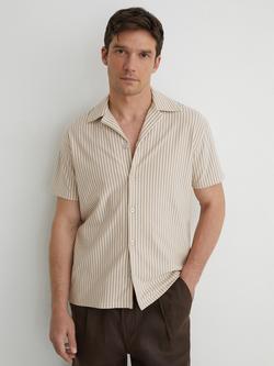 Reiss Aurelia Cotton Blend Stripe Cuban Collar Short Sleeve Shirt, Stone/White