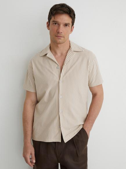 Reiss Aurelia Cotton Blend Stripe Cuban Collar Short Sleeve Shirt, Stone/White