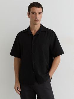 Reiss Eclipse Textured Cuban Collar Short Sleeve Shirt, Black, Black