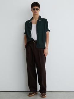 Reiss Farley Colour Block Knit Button Through Short Sleeve Shirt, Dark Green/White, Dark Green/White