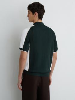 Reiss Farley Colour Block Knit Button Through Short Sleeve Shirt, Dark Green/White - view 2, Dark Green/White