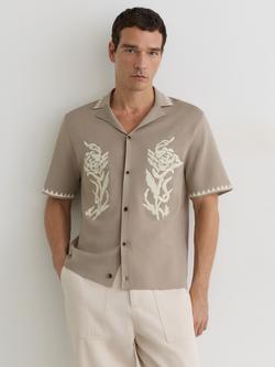 Reiss Folia Floral Embroidered Knit Short Sleeve Shirt, Champagne, Champagne