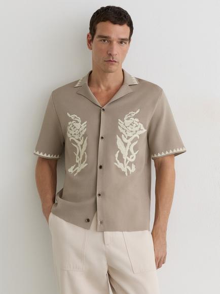 Reiss Folia Floral Embroidered Knit Short Sleeve Shirt, Champagne, Champagne