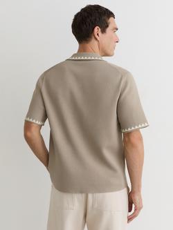 Reiss Folia Floral Embroidered Knit Short Sleeve Shirt, Champagne - view 2, Champagne