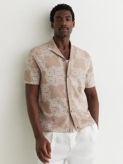 Reiss Jacquard Short Sleeve Cuban Shirt, Champagne/White, Champagne/White