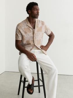 Reiss Jacquard Short Sleeve Cuban Shirt, Champagne/White - view 2, Champagne/White