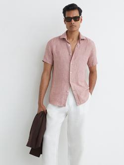 Reiss Holiday Slim Fit Short Sleeve Linen Shirt, Raspberry Pink