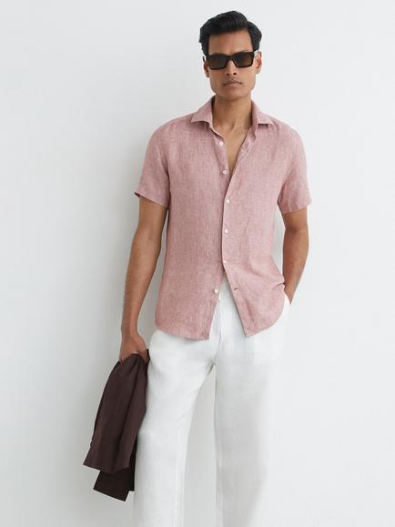Reiss Holiday Slim Fit Short Sleeve Linen Shirt, Raspberry Pink