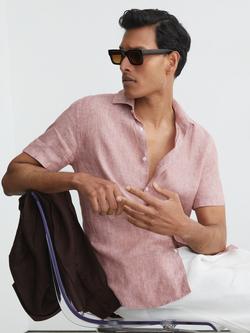 Reiss Holiday Slim Fit Short Sleeve Linen Shirt - view 2, Raspberry Pink