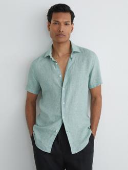 Reiss Holiday Slim Fit Short Sleeve Linen Shirt, Sage Melange
