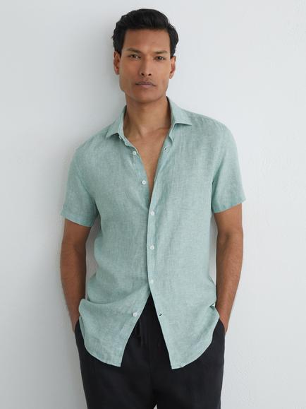 Reiss Holiday Slim Fit Short Sleeve Linen Shirt, Sage Melange