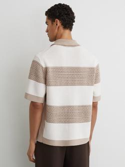 Reiss Marek Block Stripe Cotton Knit Short Sleeve Shirt, White/Stone - view 2, White/Stone