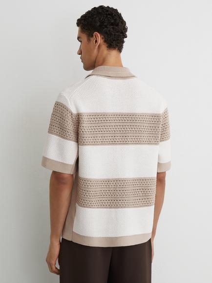 Reiss Marek Block Stripe Cotton Knit Short Sleeve Shirt, White/Stone - view 2, White/Stone