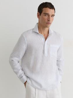 Reiss Plymouth Linen Half Button Shirt, Airforce Blue/White, Airforce Blue/White